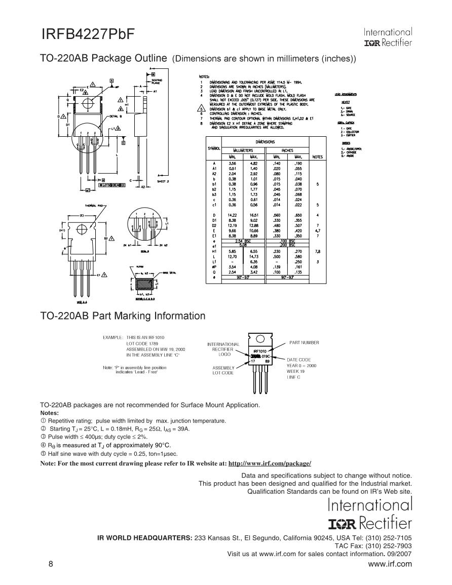 TRANSISTOR IRFB 4227 PBF MOSFET CANAL N IRFB42N20 Beta Componentes