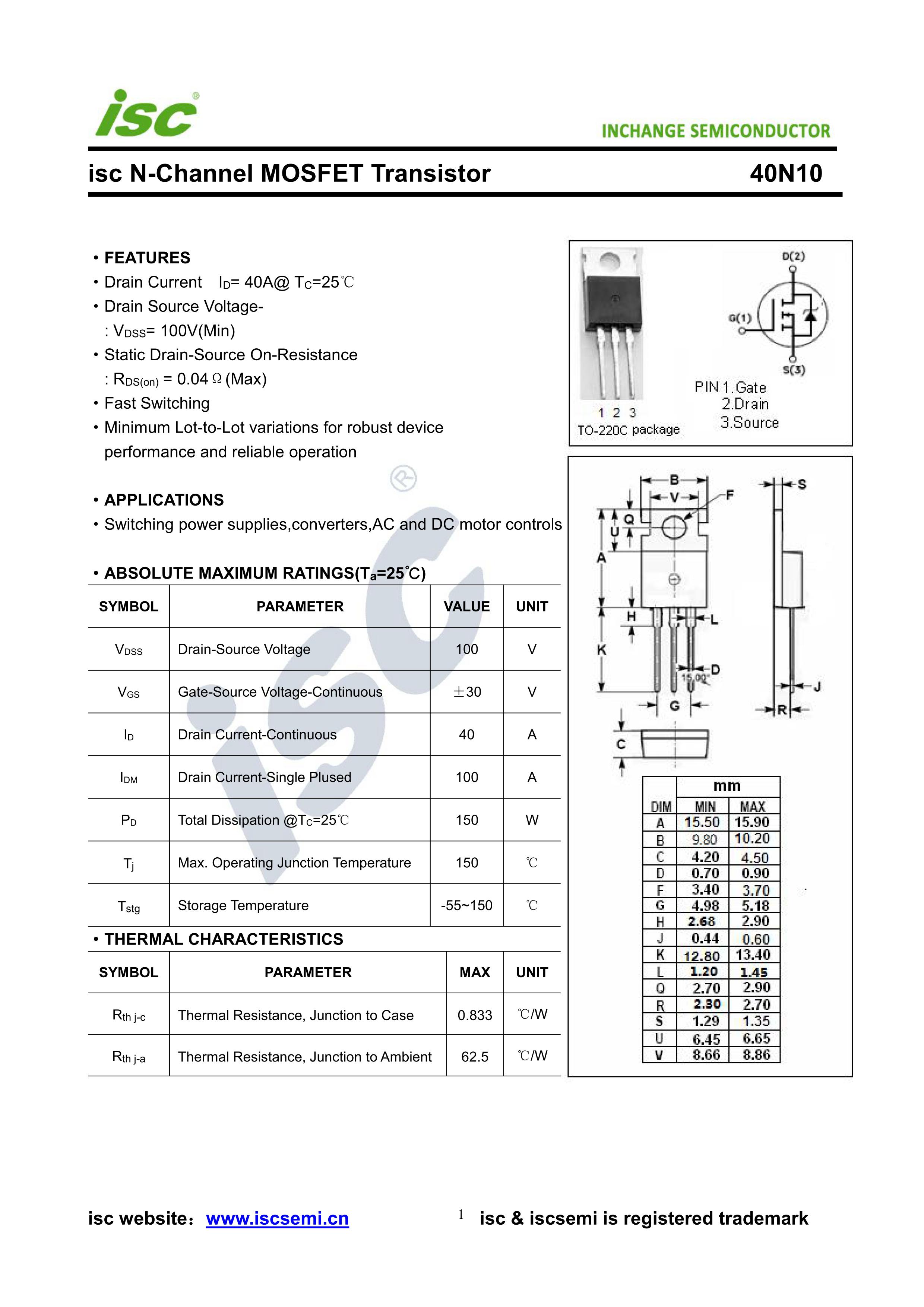 TRANSISTOR MOSFET 40N10 100V 40A Beta Componentes Eletrônicos